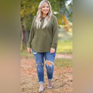 Curved Hem Slouchy Dolman Tunic, Thermal - color is Light Olive